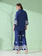 Myshka Women's Floral Embroidered Navy Tunic with Trouser | Grocsy