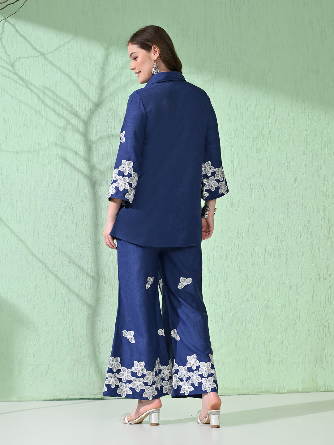 Myshka Women's Floral Embroidered Navy Tunic with Trouser | Grocsy