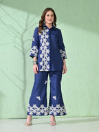 Myshka Women's Floral Embroidered Navy Tunic with Trouser | Grocsy