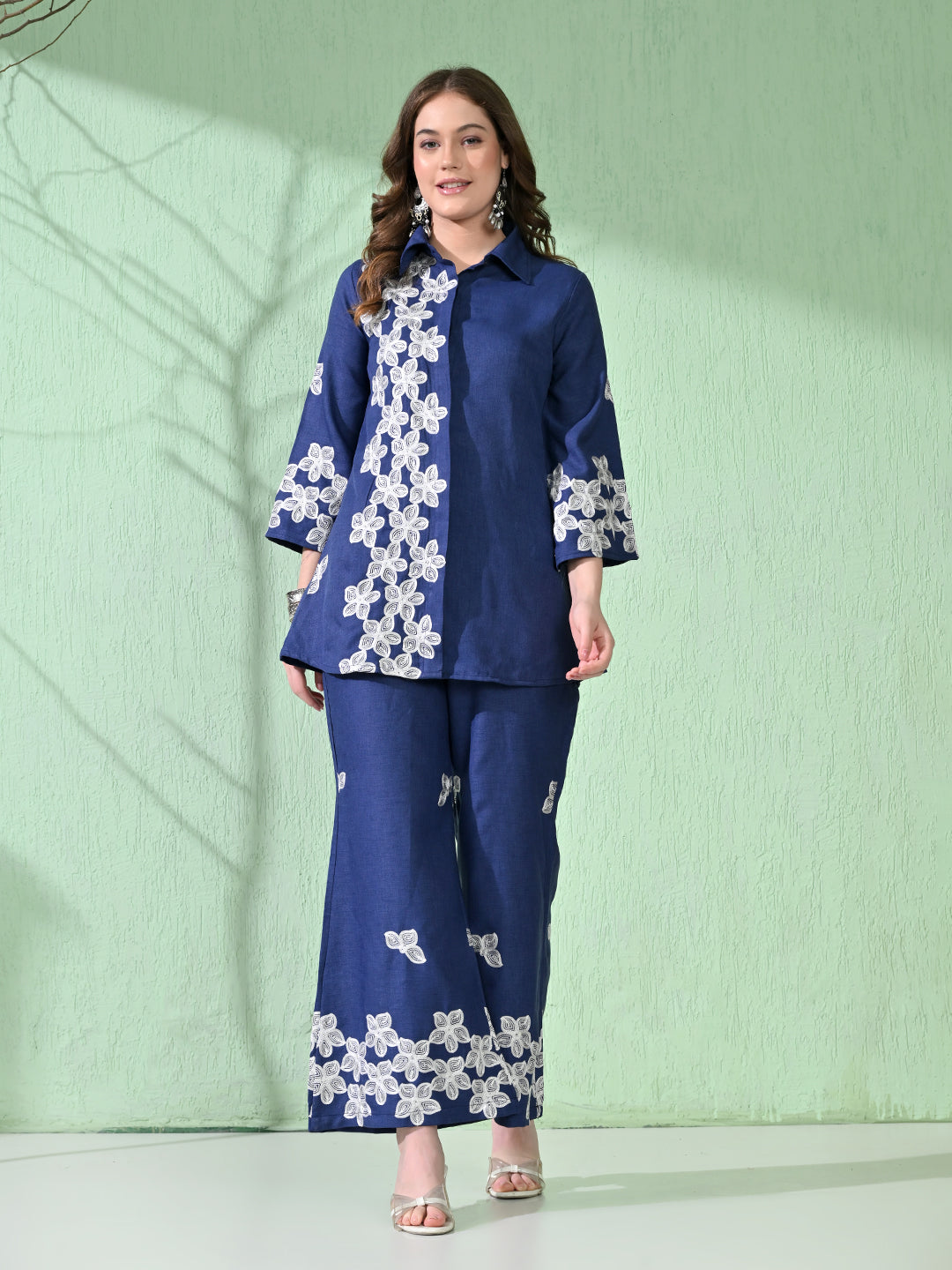 Myshka Women's Floral Embroidered Navy Tunic with Trouser | Grocsy
