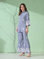 Myshka Women's Floral Embroidered SkyBlue Tunic with Trouser | Grocsy
