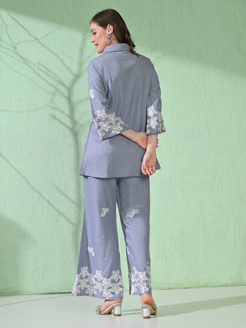 Myshka Women's Floral Embroidered SkyBlue Tunic with Trouser | Grocsy