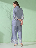 Myshka Women's Floral Embroidered SkyBlue Tunic with Trouser | Grocsy