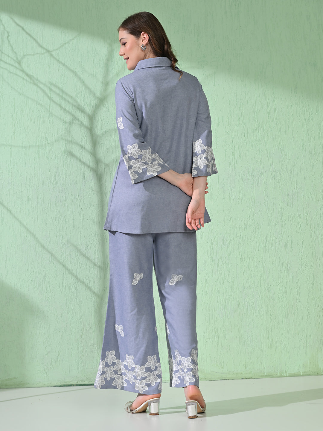 Myshka Women's Floral Embroidered SkyBlue Tunic with Trouser | Grocsy