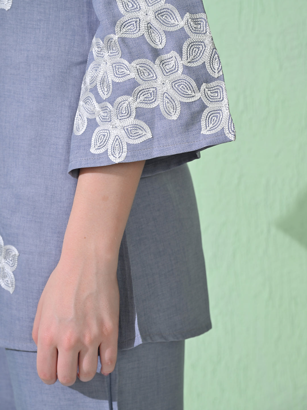 Myshka Women's Floral Embroidered SkyBlue Tunic with Trouser | Grocsy