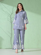 Myshka Women's Floral Embroidered SkyBlue Tunic with Trouser | Grocsy