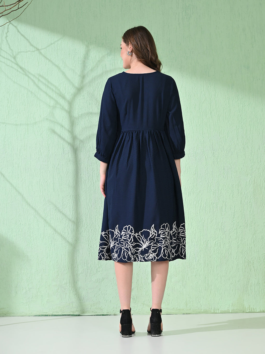 Myshka Women's Flared Knee Length Embroidered Navy Dress | Grocsy