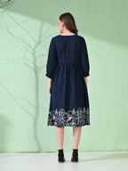 Myshka Women's Flared Knee Length Embroidered Navy Dress | Grocsy