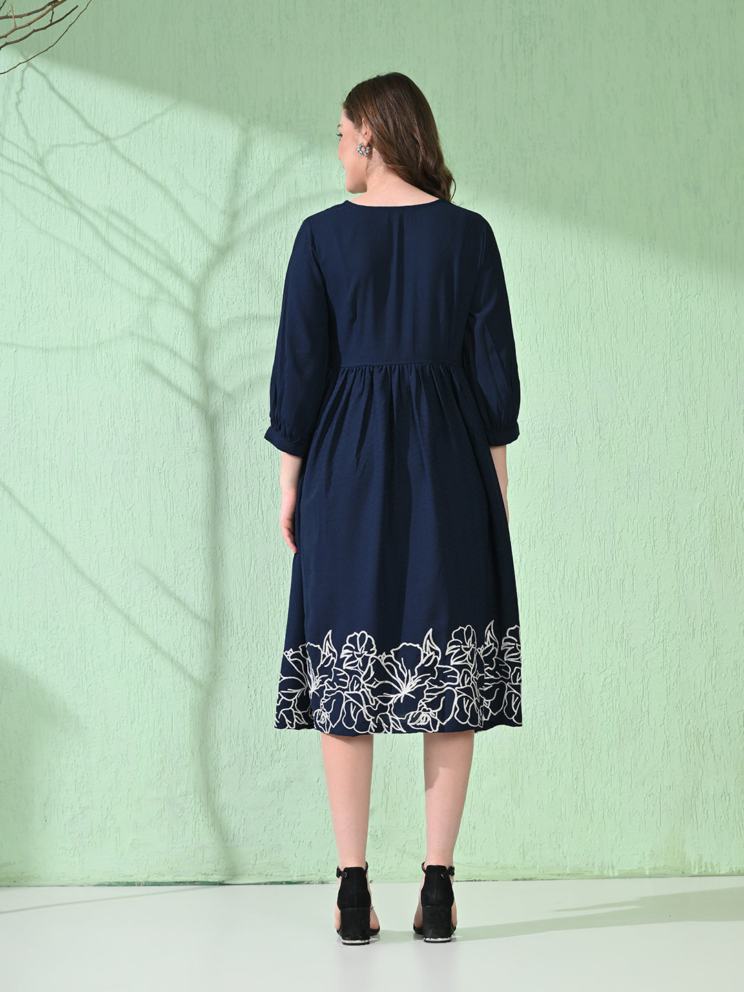 Myshka Women's Flared Knee Length Embroidered Navy Dress | Grocsy