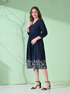 Myshka Women's Flared Knee Length Embroidered Navy Dress | Grocsy