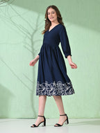 Myshka Women's Flared Knee Length Embroidered Navy Dress | Grocsy
