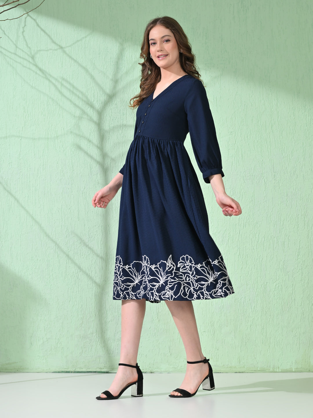 Myshka Women's Flared Knee Length Embroidered Navy Dress | Grocsy