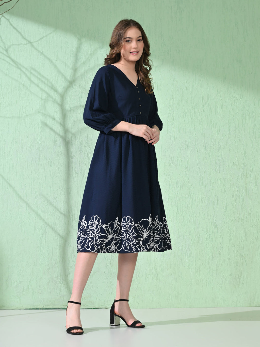 Myshka Women's Flared Knee Length Embroidered Navy Dress | Grocsy