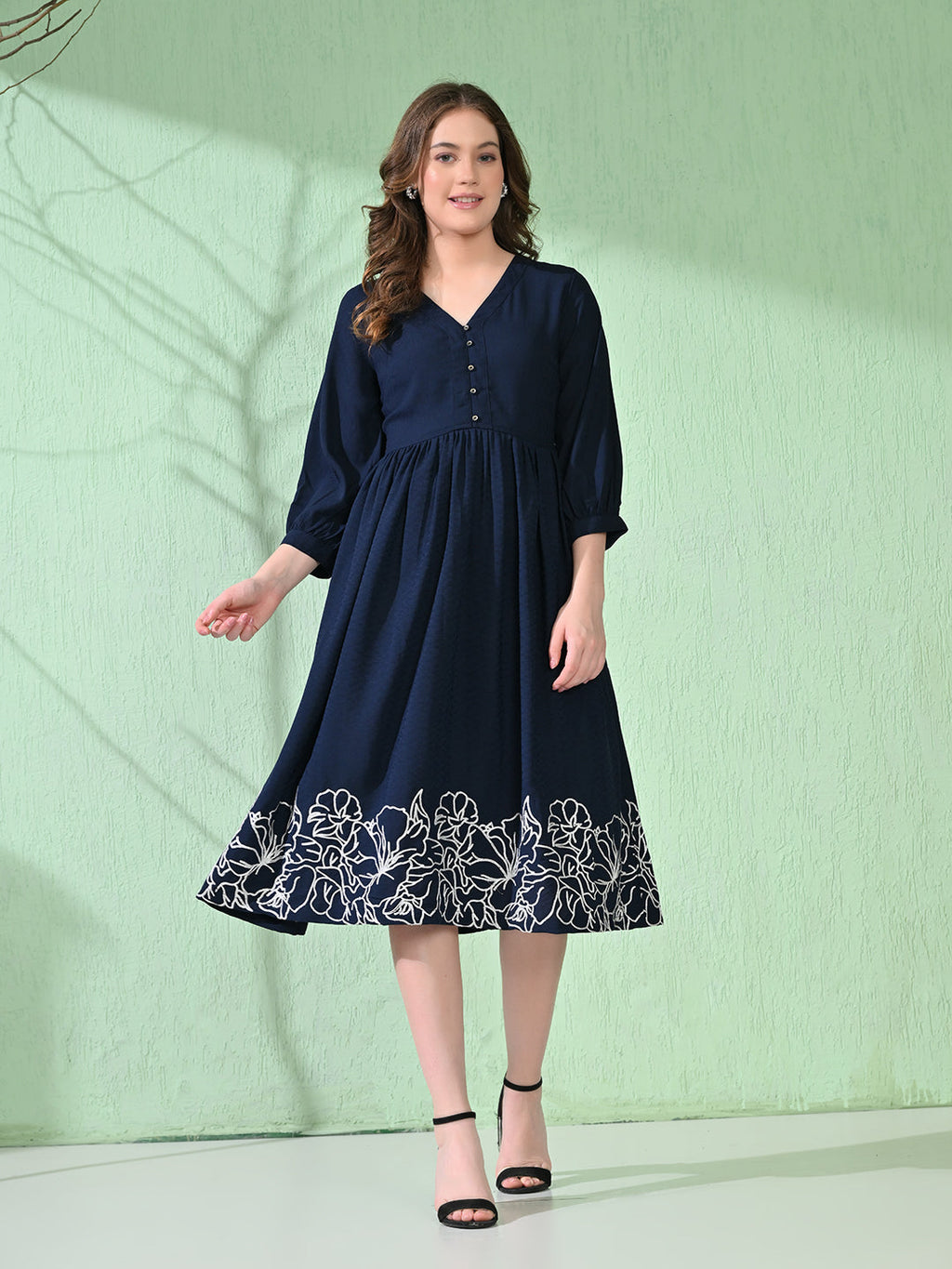 Myshka Women's Flared Knee Length Embroidered Navy Dress | Grocsy