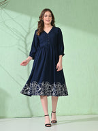 Myshka Women's Flared Knee Length Embroidered Navy Dress | Grocsy