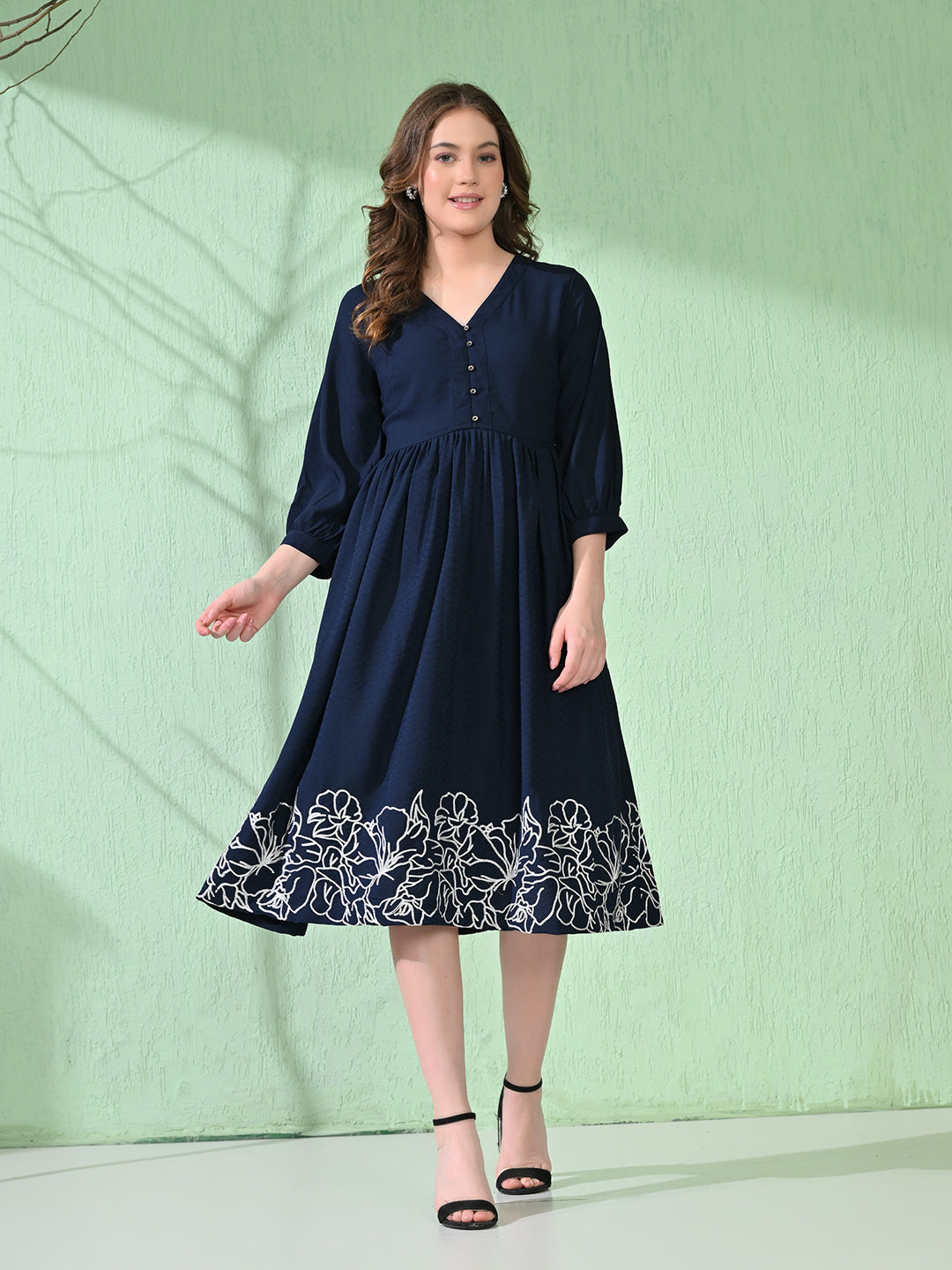 Myshka Women's Flared Knee Length Embroidered Navy Dress | Grocsy
