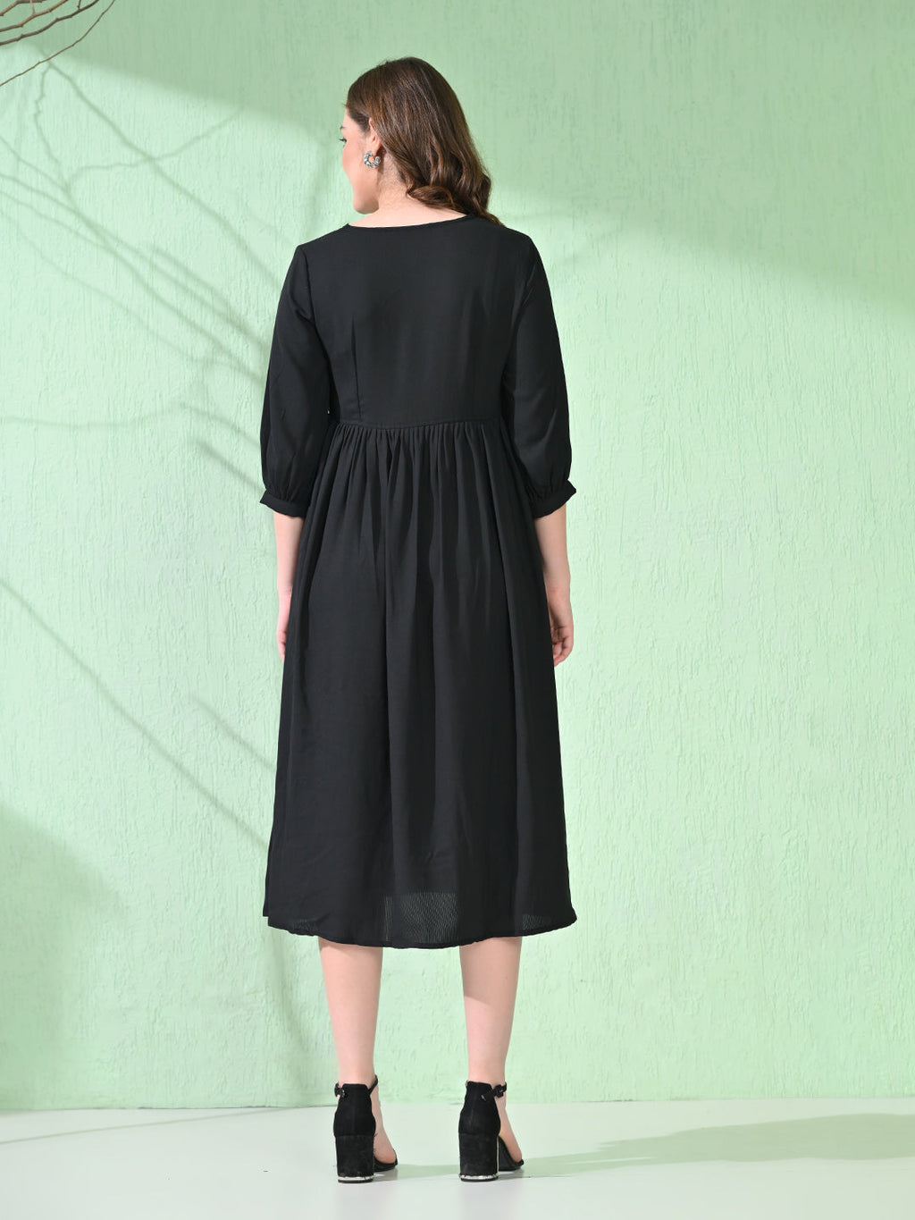 Myshka Women's Flared Knee Length Embroidered Black Dress | Grocsy