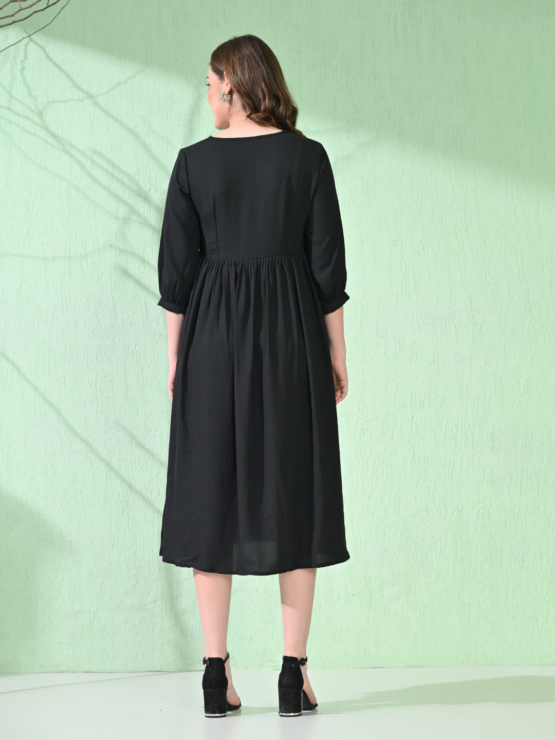 Myshka Women's Flared Knee Length Embroidered Black Dress | Grocsy