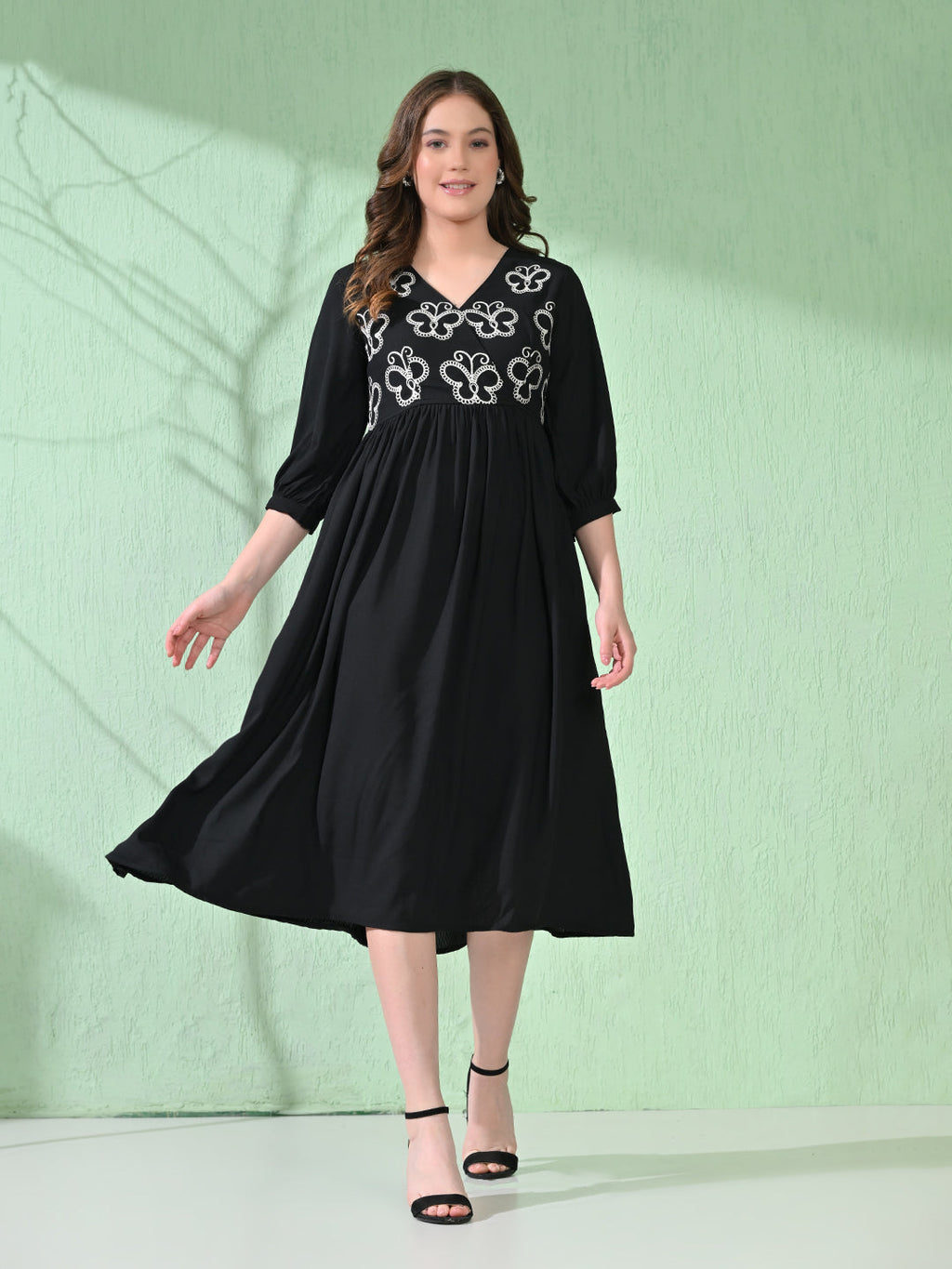 Myshka Women's Flared Knee Length Embroidered Black Dress | Grocsy