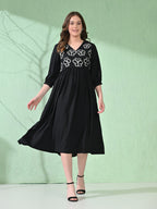 Myshka Women's Flared Knee Length Embroidered Black Dress | Grocsy