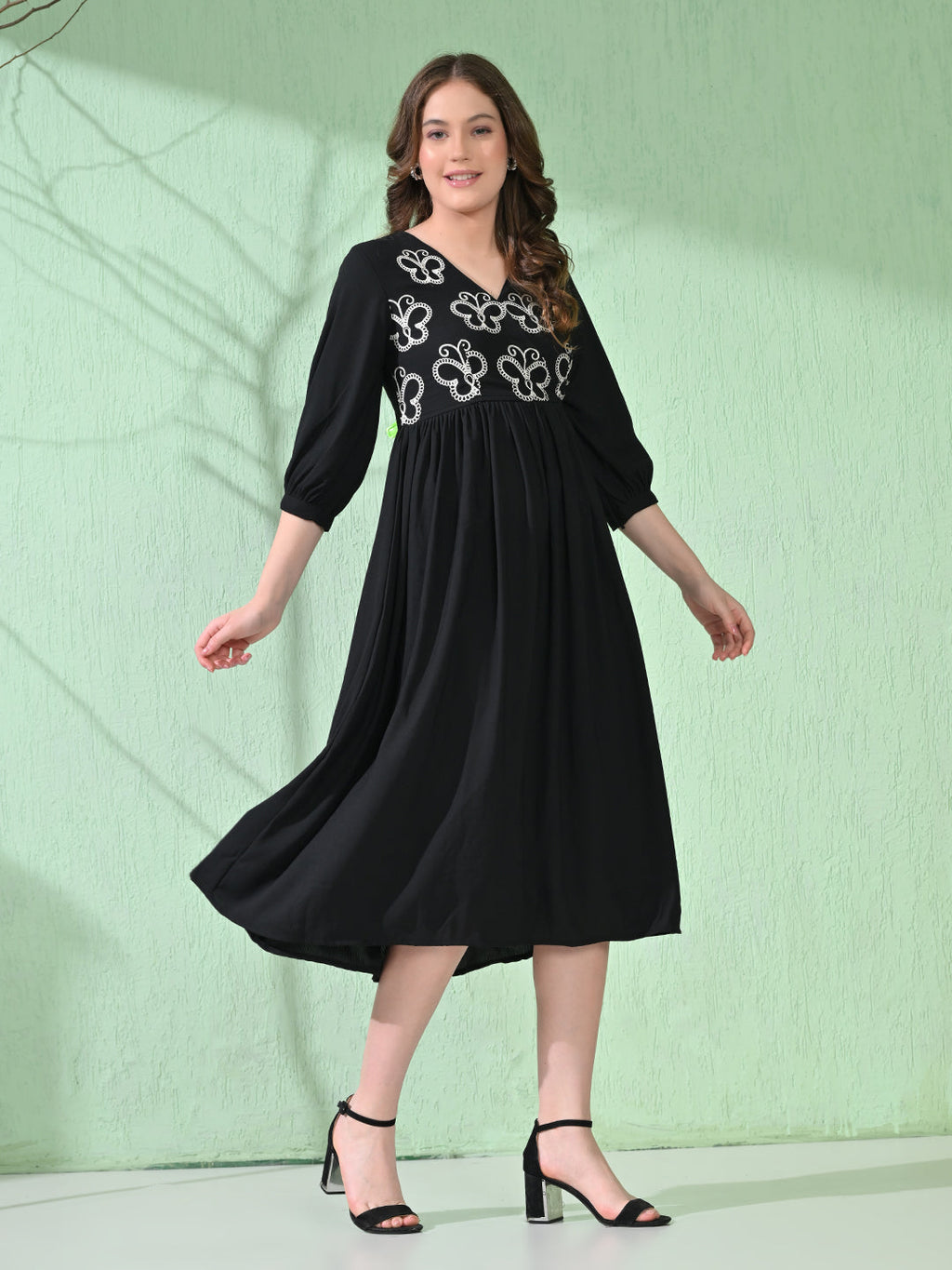 Myshka Women's Flared Knee Length Embroidered Black Dress | Grocsy