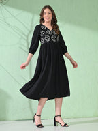Myshka Women's Flared Knee Length Embroidered Black Dress | Grocsy