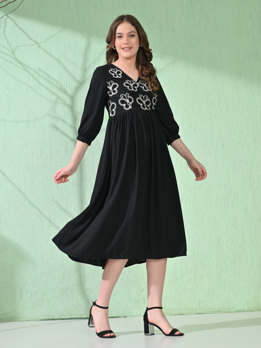 Myshka Women's Flared Knee Length Embroidered Black Dress | Grocsy