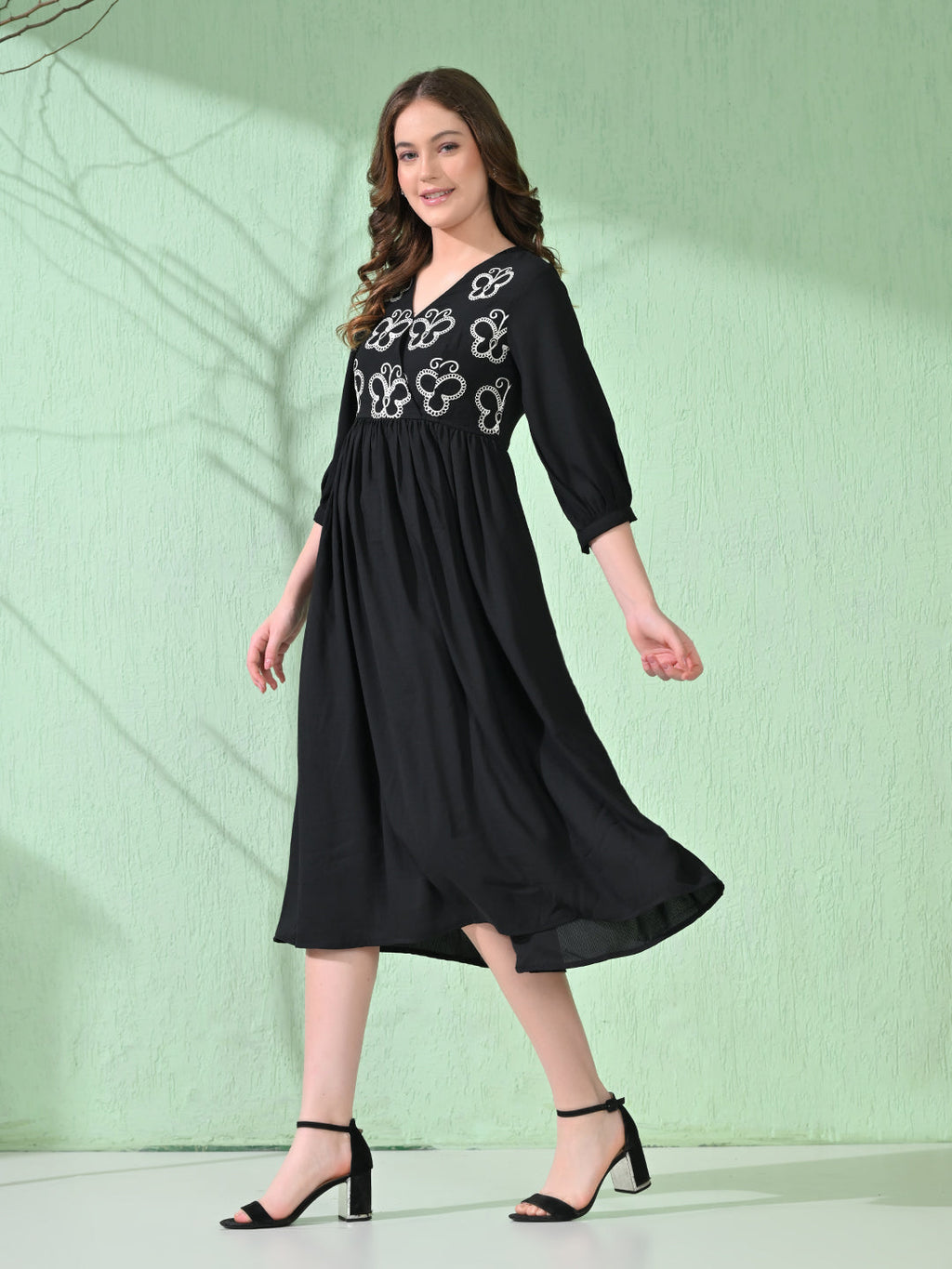Myshka Women's Flared Knee Length Embroidered Black Dress | Grocsy