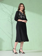 Myshka Women's Flared Knee Length Embroidered Black Dress | Grocsy