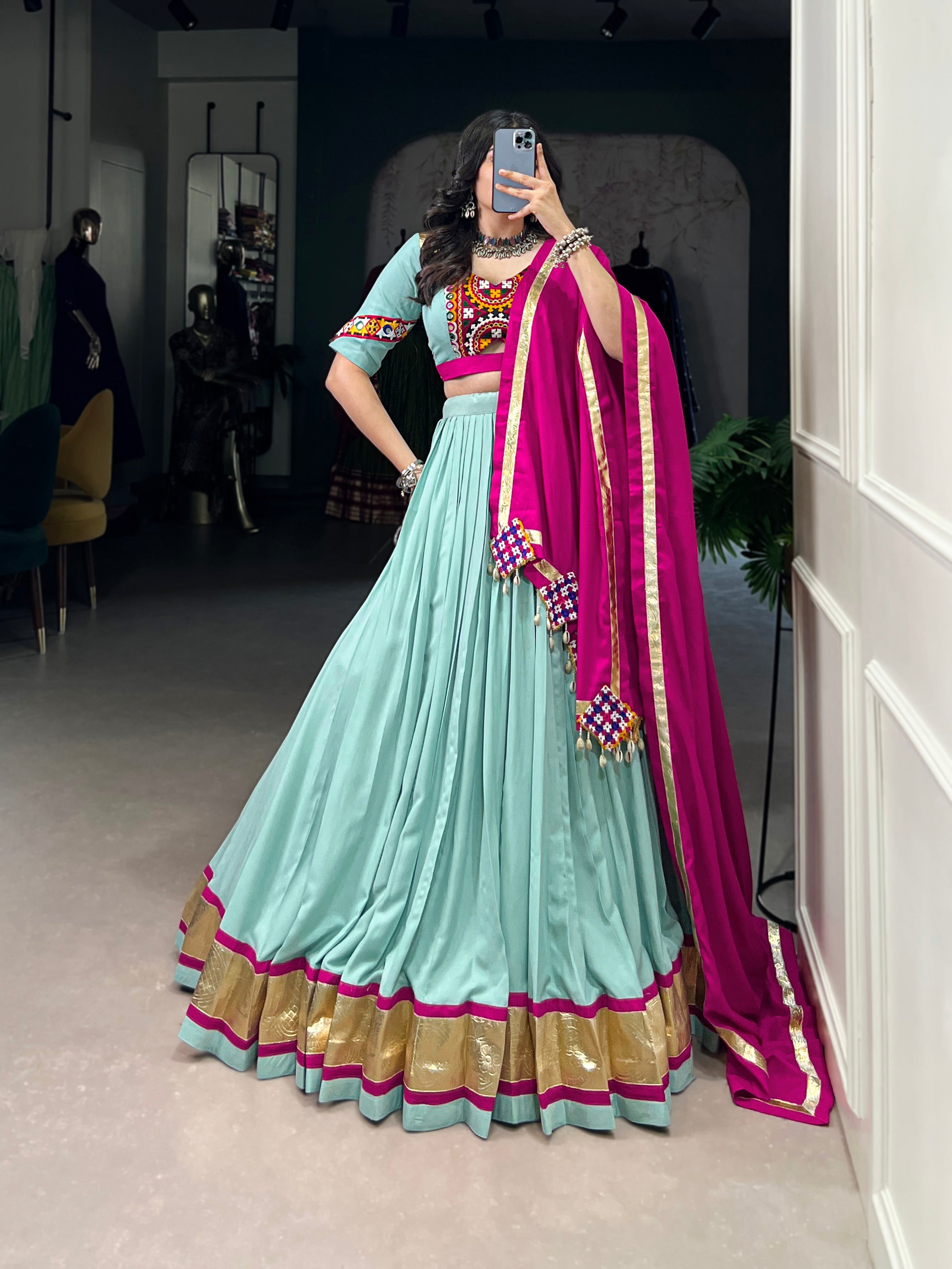 Lorenvalley Seagreen Pure Rayon Embossed Design Lace Touch Up Lehenga Choli with Dupatta | Grocsy