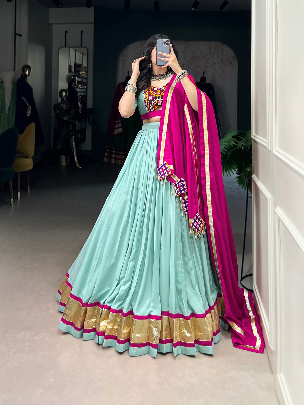 Lorenvalley Seagreen Pure Rayon Embossed Design Lace Touch Up Lehenga Choli with Dupatta | Grocsy