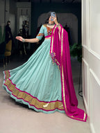 Lorenvalley Seagreen Pure Rayon Embossed Design Lace Touch Up Lehenga Choli with Dupatta | Grocsy