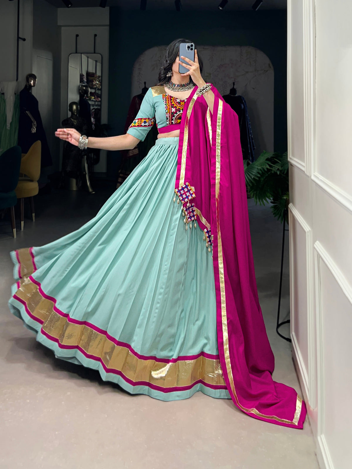 Lorenvalley Seagreen Pure Rayon Embossed Design Lace Touch Up Lehenga Choli with Dupatta | Grocsy