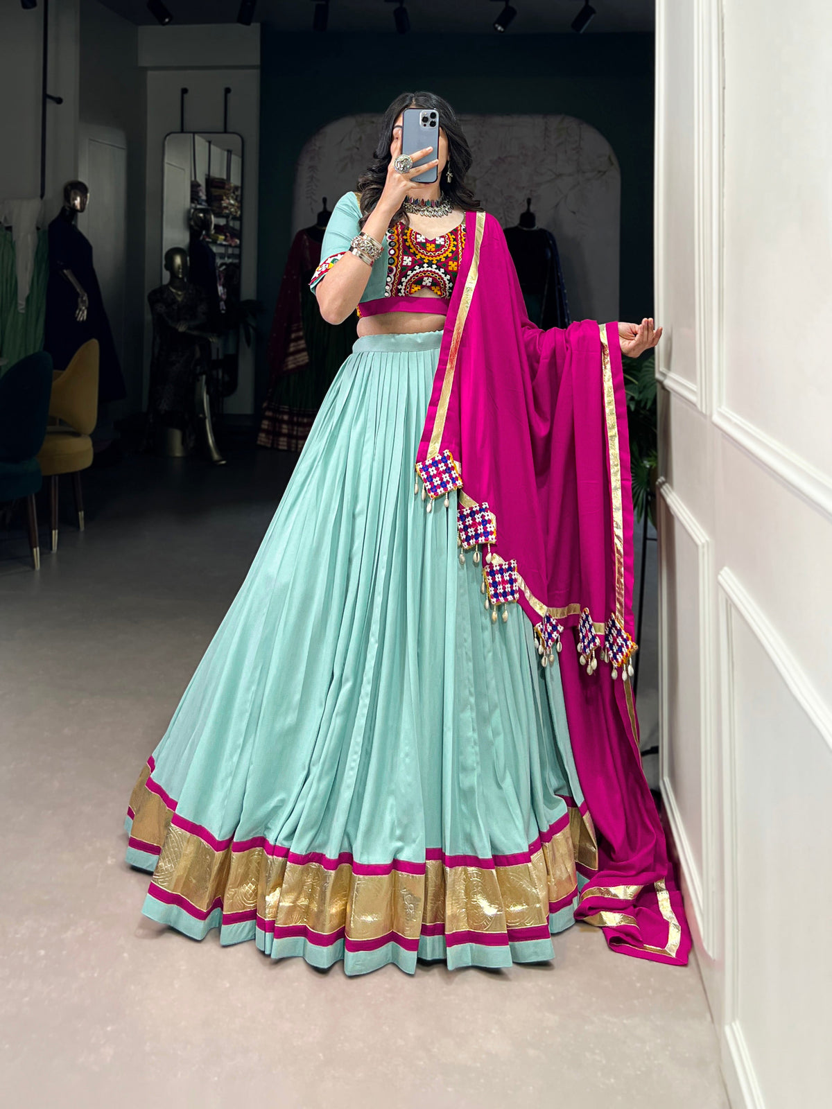 Lorenvalley Seagreen Pure Rayon Embossed Design Lace Touch Up Lehenga Choli with Dupatta | Grocsy