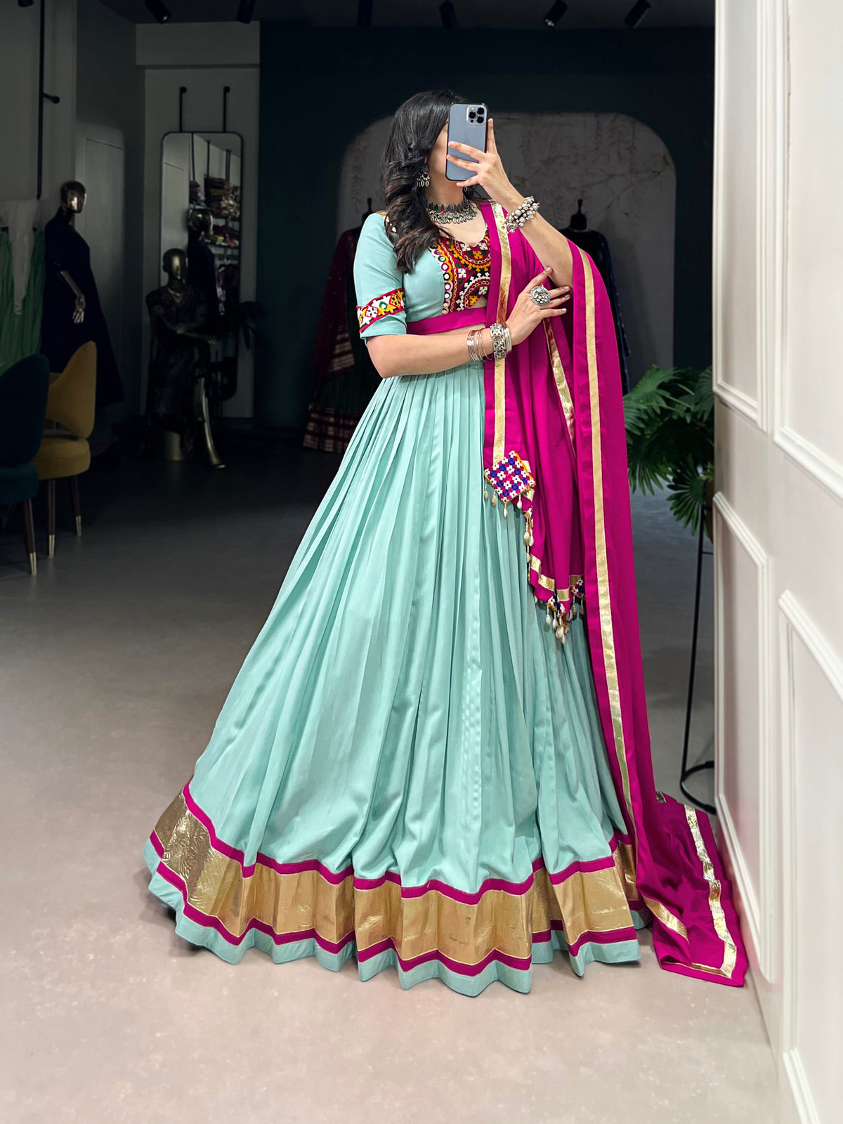 Lorenvalley Seagreen Pure Rayon Embossed Design Lace Touch Up Lehenga Choli with Dupatta | Grocsy