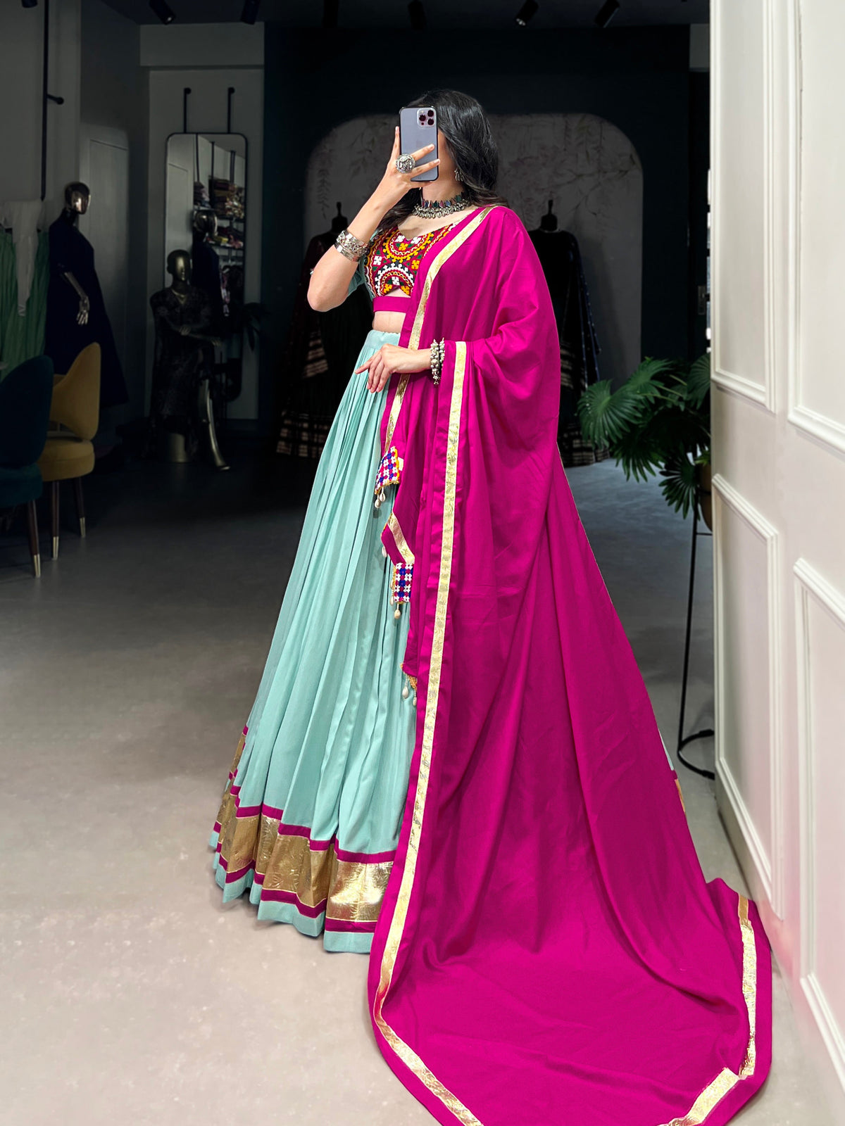 Lorenvalley Seagreen Pure Rayon Embossed Design Lace Touch Up Lehenga Choli with Dupatta | Grocsy