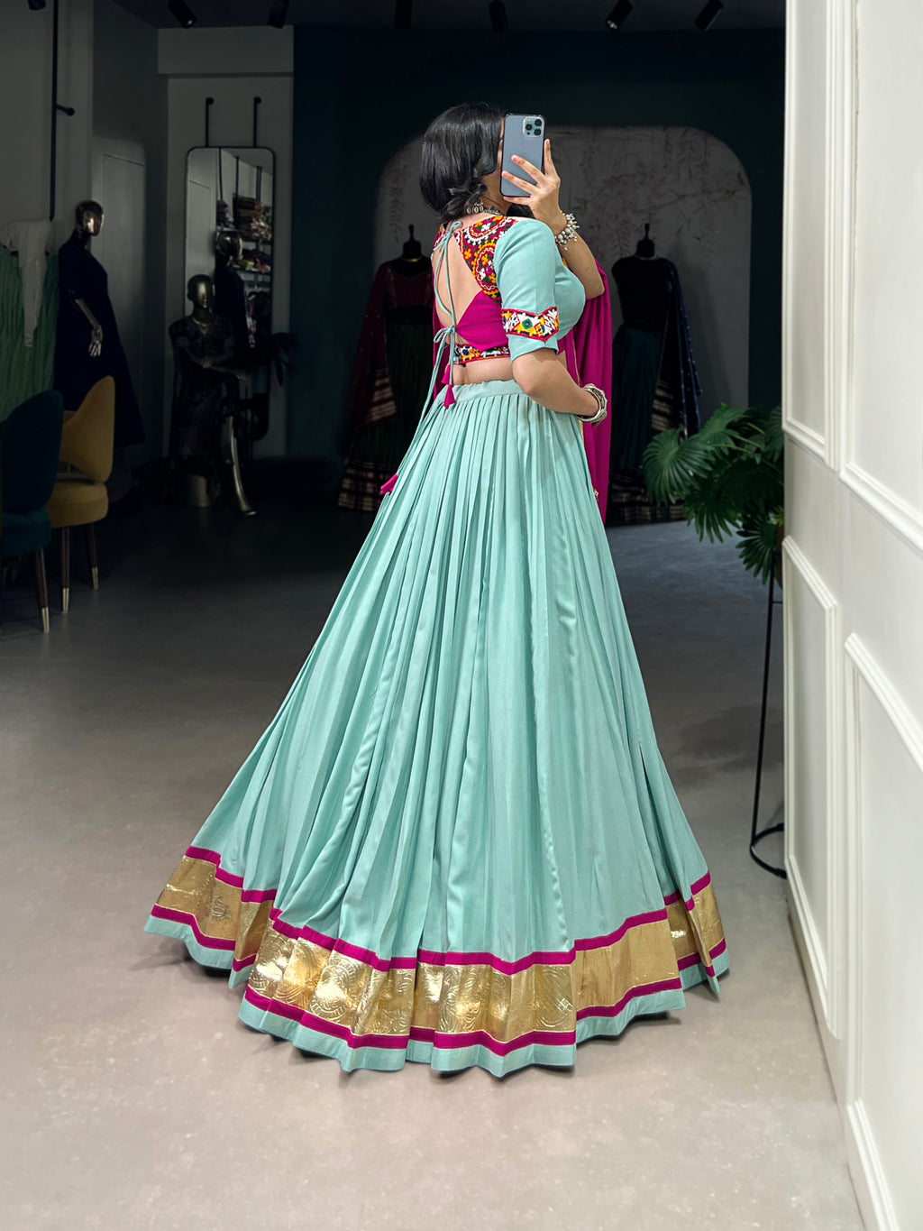 Lorenvalley Seagreen Pure Rayon Embossed Design Lace Touch Up Lehenga Choli with Dupatta | Grocsy