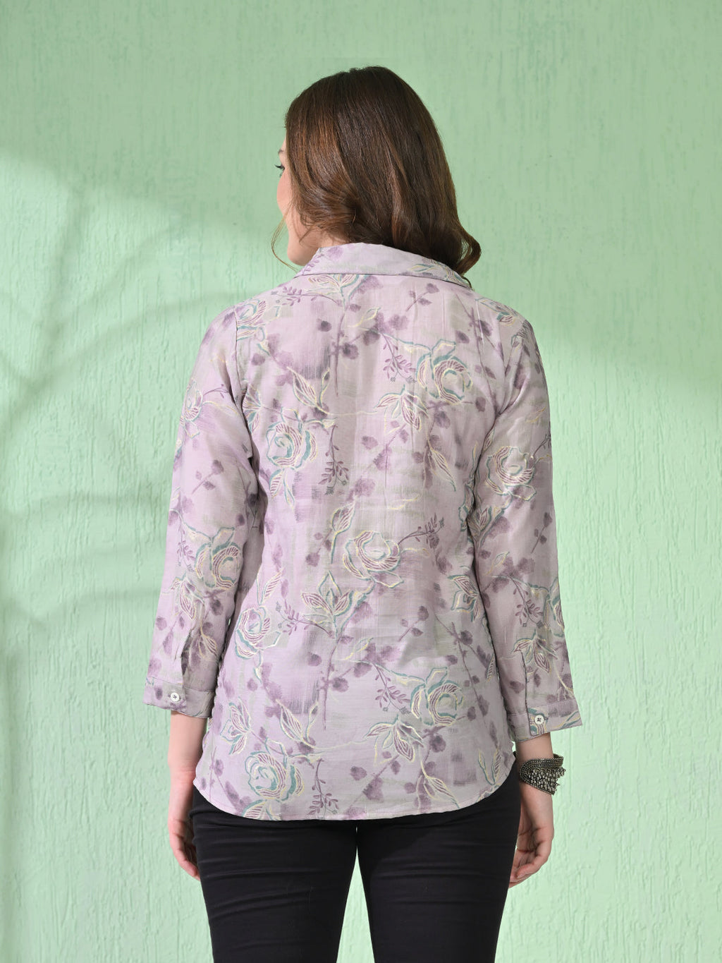 Myshka Women's Causal Printed Shirt Style Embroidered Top Lavender Color | Grocsy