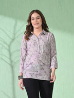 Myshka Women's Causal Printed Shirt Style Embroidered Top Lavender Color | Grocsy