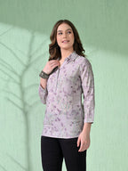 Myshka Women's Causal Printed Shirt Style Embroidered Top Lavender Color | Grocsy