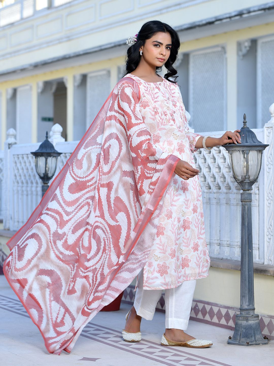 Vaasva Women's Cream Chocolate Linen Digital Printed Suit Set | Grocsy