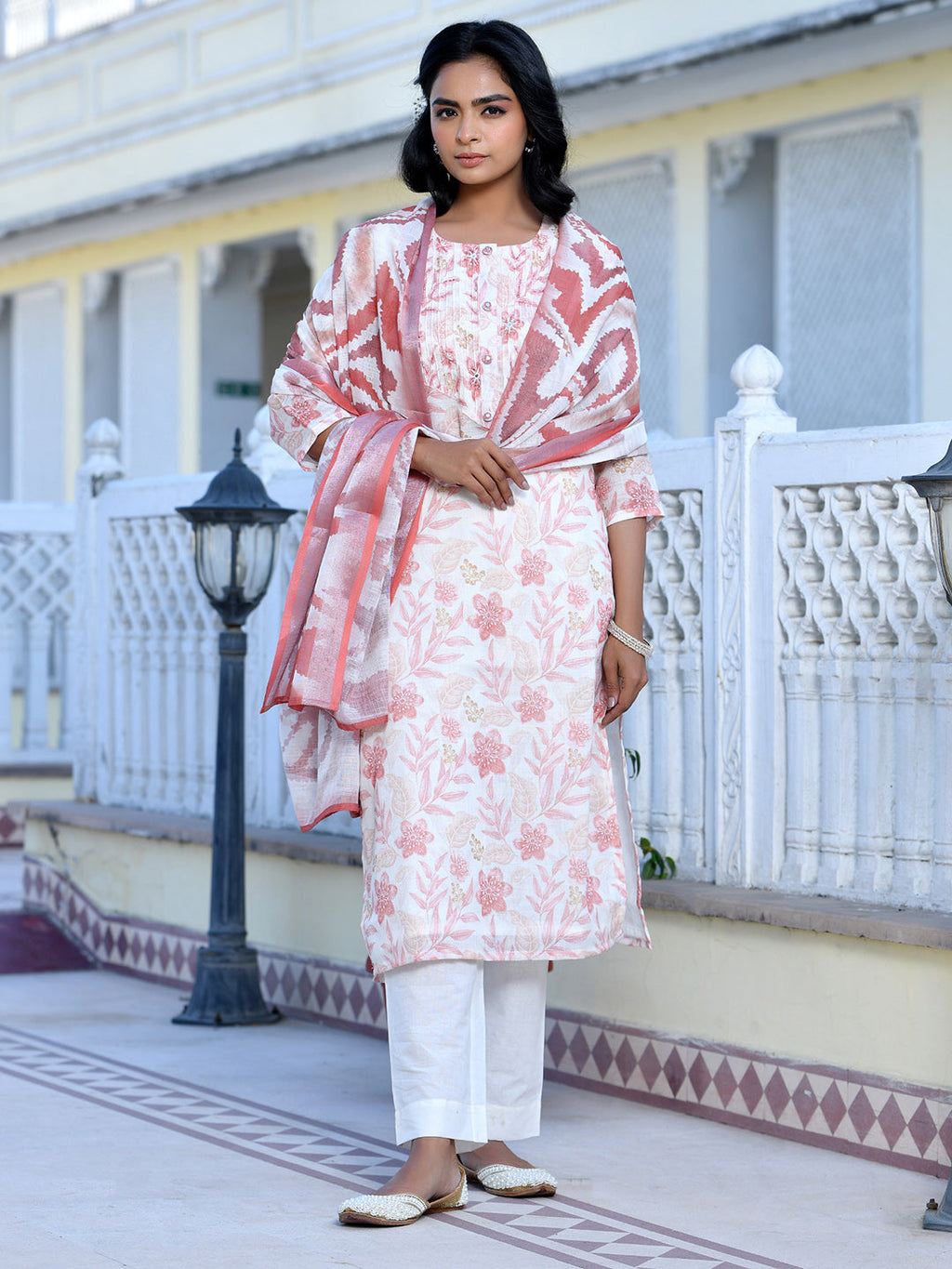 Vaasva Women's Cream Chocolate Linen Digital Printed Suit Set | Grocsy