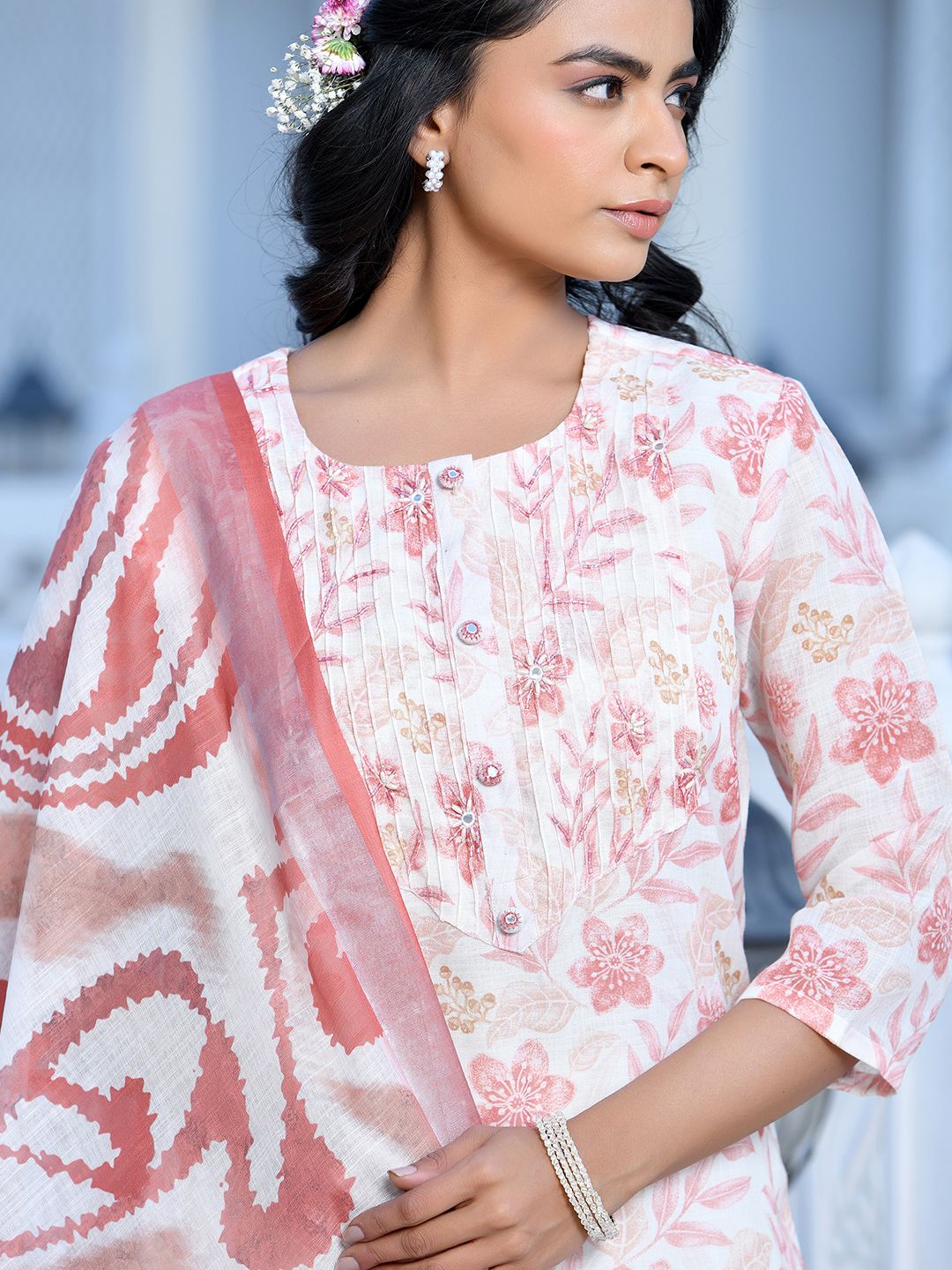 Vaasva Women's Cream Chocolate Linen Digital Printed Suit Set | Grocsy