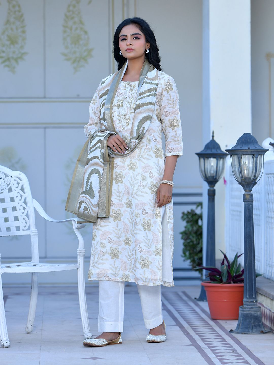 Vaasva Women's Cream Henna Linen Digital Printed Suit Set | Grocsy