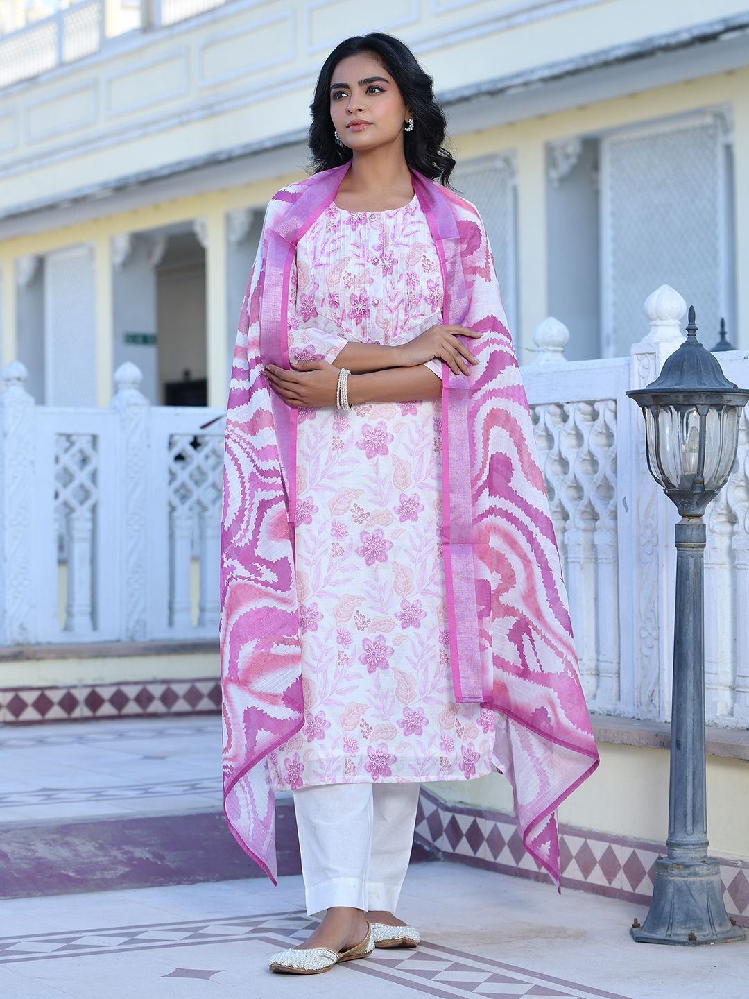 Vaasva Women's Cream Purple Linen Digital Printed Suit Set | Grocsy