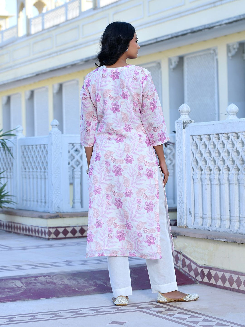 Vaasva Women's Cream Purple Linen Digital Printed Suit Set | Grocsy