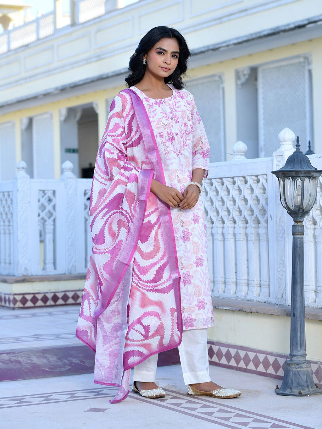Vaasva Women's Cream Purple Linen Digital Printed Suit Set | Grocsy