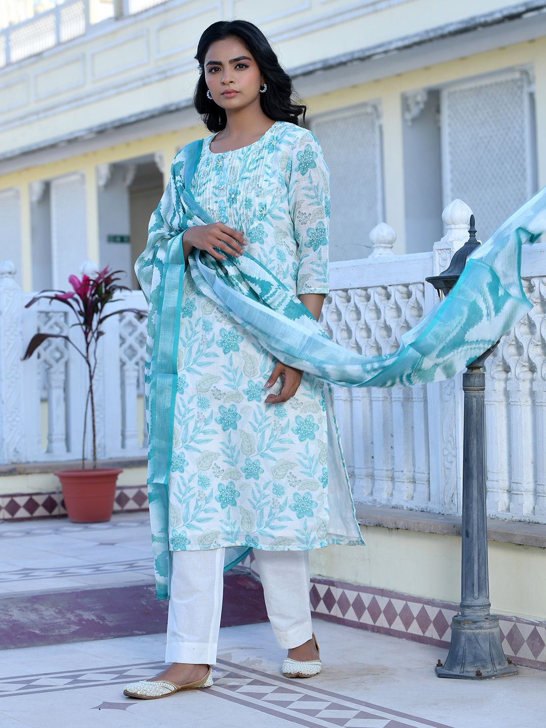 Vaasva Women's Cream Turquoise Linen Digital Printed Suit Set | Grocsy