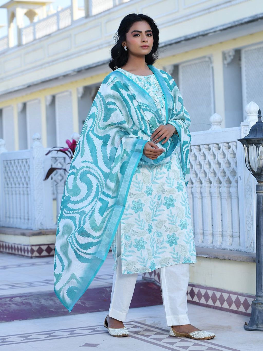 Vaasva Women's Cream Turquoise Linen Digital Printed Suit Set | Grocsy