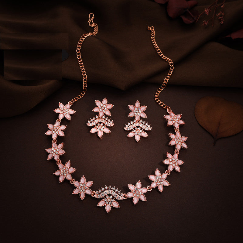 Tehzeeb Creations Baby Pink Colour Star Design Stone Studded Necklace With Earrings | Grocsy